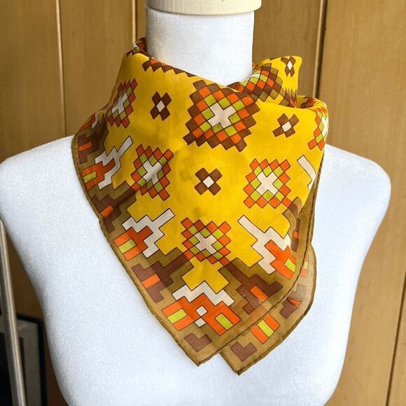Vintage 70s Nasharr Freres Sheer Geometric Print Scarf, Rolled Edge, 21" - Picture 3 of 8
